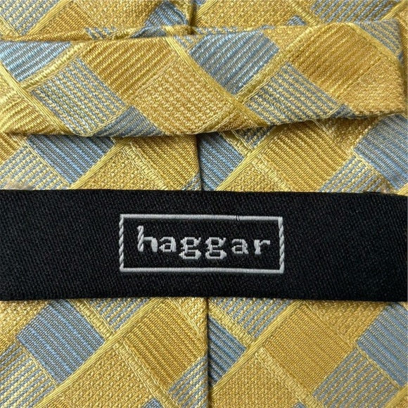 Haggard Men's Silk Necktie Blue Gold Silver Checkered Handmade Designer Tie - Picture 8 of 10
